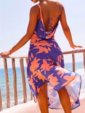 Floral Asymmetrical Slip Dress in Blue & Coral